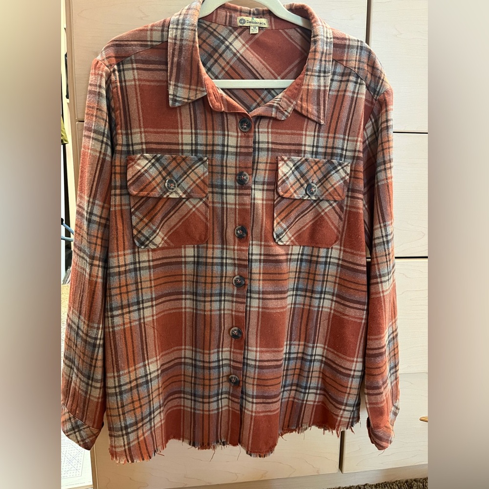 Democracy brand Orange Plaid Flannel, Size medium